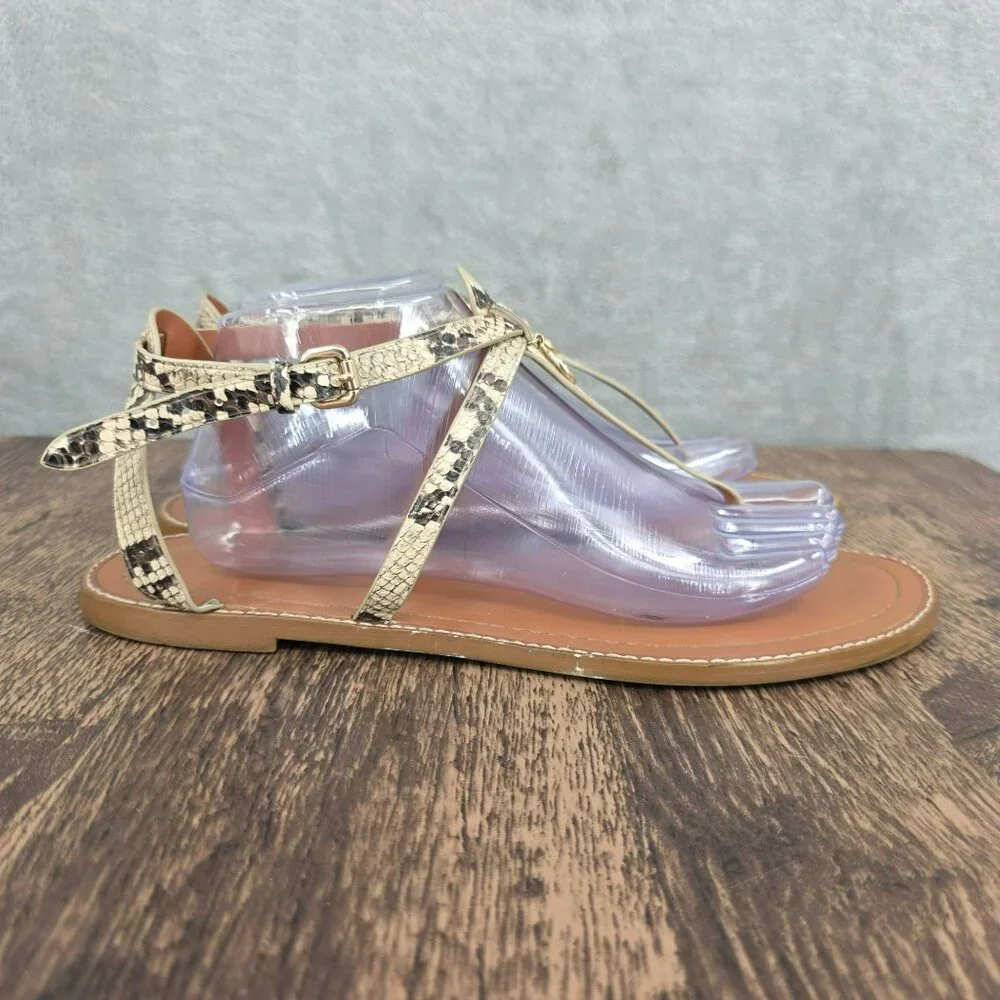 Coach Lydia T Strap Sandals 11 Snake Print Ankle Buckle Logo Strappy Flat Beachy